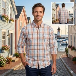 Vineyard Vines Men XL Slim Fit Crosby Shirt Orange Blue Plaid Cotton Button Down